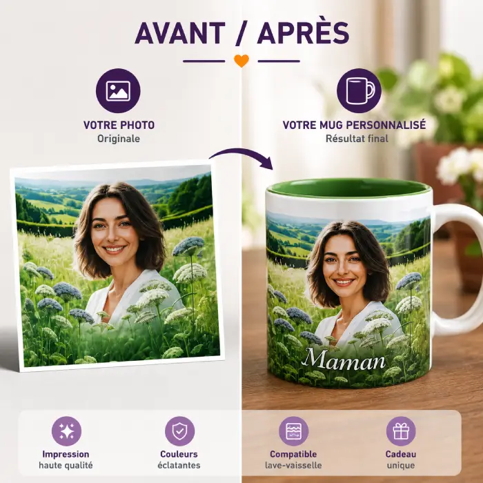 Avant / Après – Mug personnalisé avec photo Comparaison avant après d’une photo transformée en mug personnalisé avec impression photo et texte.