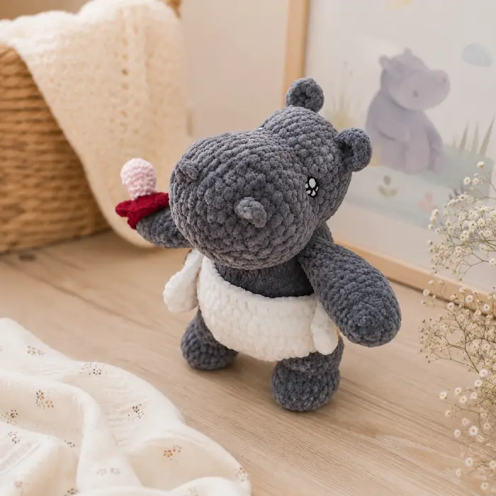 Doudou bébé hippopotame au crochet dans une chambre de bébé Doudou bébé hippopotame au crochet artisanal présenté sur un meuble en bois dans une chambre de bébé