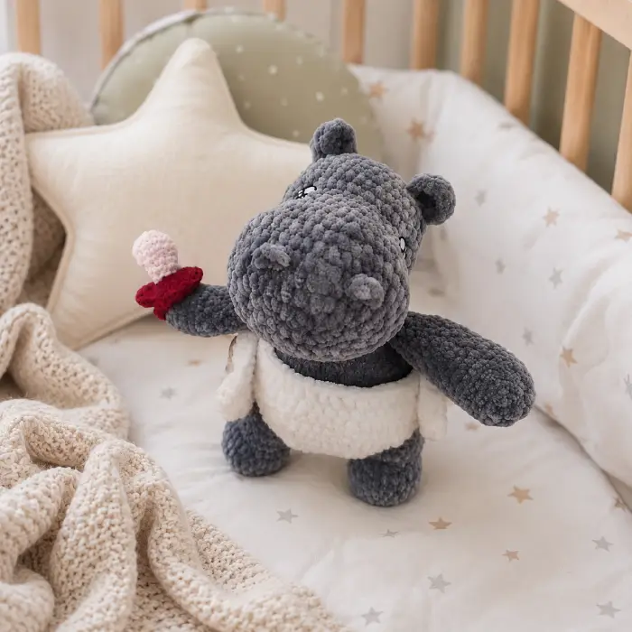 Doudou bébé hippopotame au crochet dans un lit de bébé Doudou bébé hippopotame au crochet artisanal présenté dans un lit de bébé avec couverture et coussins doux