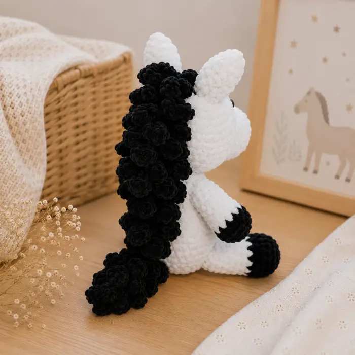 Doudou cheval au crochet artisanal vu de dos dans une chambre de bébé chaleureuse