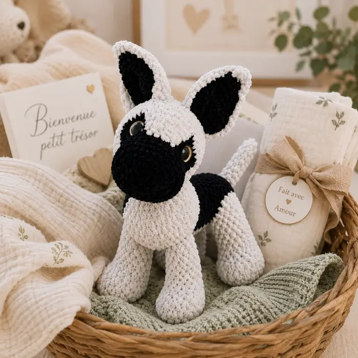 Doudou chiot Berger Allemand au crochet dans un panier cadeau naissance Doudou chiot Berger Allemand au crochet fait main présenté dans un panier cadeau de naissance avec textiles pour bébé.