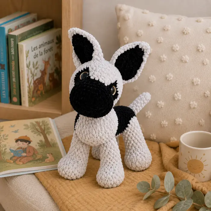 Doudou chiot Berger Allemand au crochet dans un coin lecture enfant Doudou chiot Berger Allemand au crochet fait main présenté dans un coin lecture pour enfant avec livres illustrés.