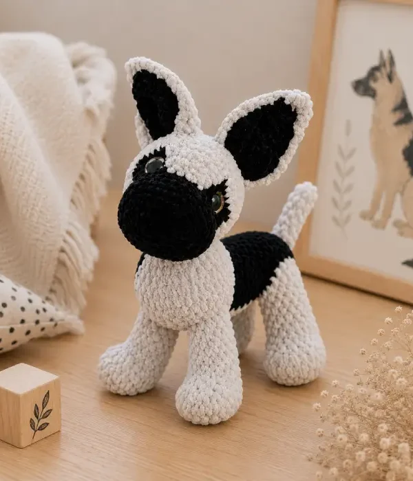 Doudou chiot Berger Allemand au crochet dans une chambre de bébé Doudou chiot Berger Allemand au crochet fait main présenté dans un univers doux pour bébé
