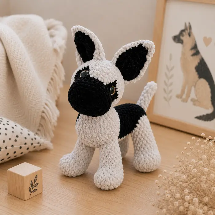 Doudou chiot Berger Allemand au crochet dans une chambre de bébé Doudou chiot Berger Allemand au crochet fait main présenté dans un univers doux pour bébé