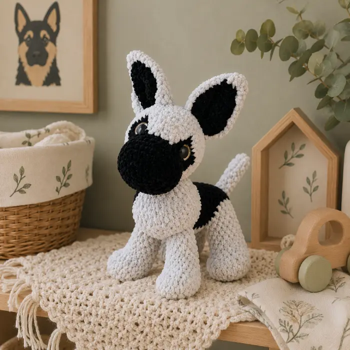 Doudou chiot Berger Allemand au crochet sur étagère enfant Doudou chiot Berger Allemand au crochet fait main posé sur une étagère dans une chambre d’enfant.