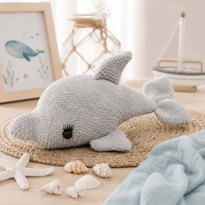 Doudou dauphin artisanal dans une décoration bord de mer Doudou dauphin au crochet artisanal présenté sur un tapis naturel avec coquillages et décoration marine