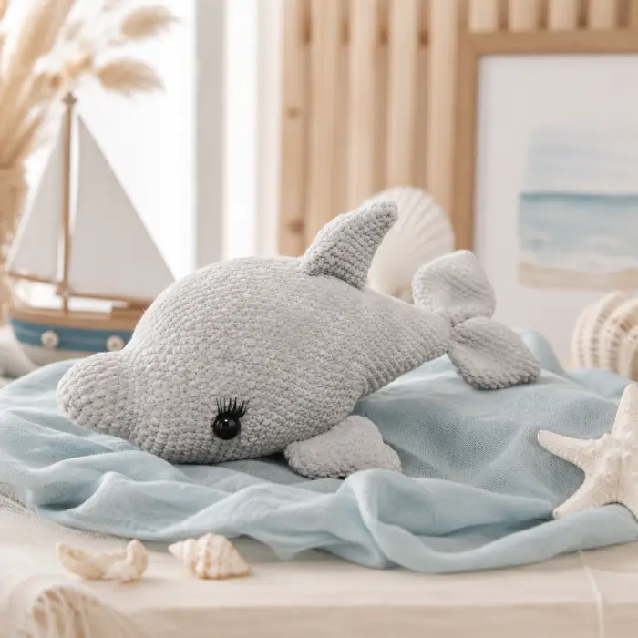 Doudou dauphin au crochet artisanal dans un univers marin doux Doudou dauphin au crochet artisanal gris posé sur un tissu bleu dans une décoration inspirée du bord de mer