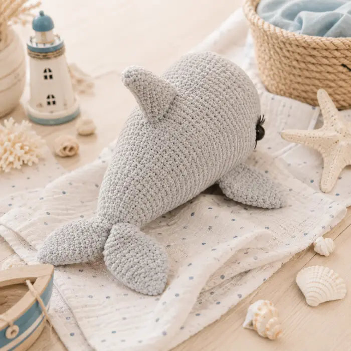 Doudou dauphin au crochet artisanal vue arrière dans un univers marin Doudou dauphin au crochet artisanal gris photographié de dos dans une décoration bord de mer pour chambre de bébé