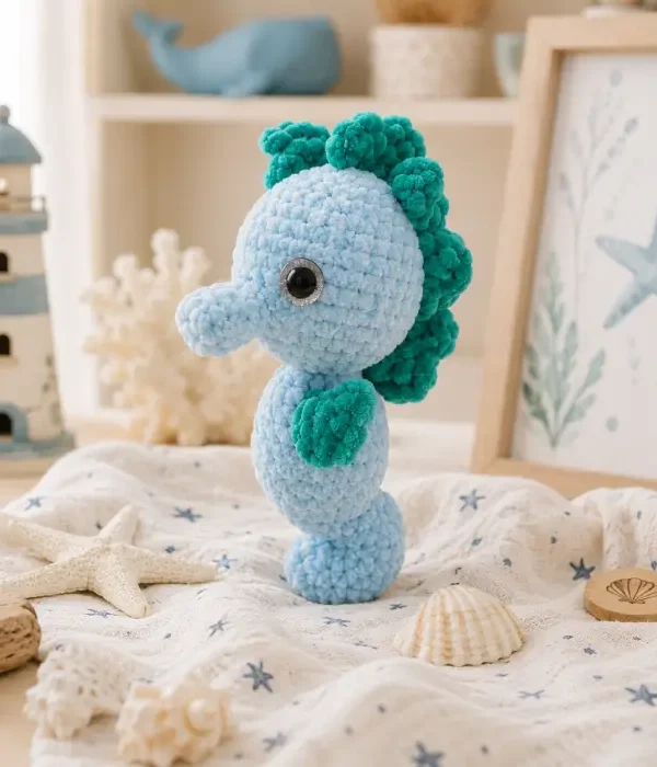 Doudou hippocampe au crochet artisanal dans une chambre bébé au thème marin Doudou hippocampe au crochet artisanal bleu et vert présenté dans une décoration de chambre bébé inspirée de l'univers marin