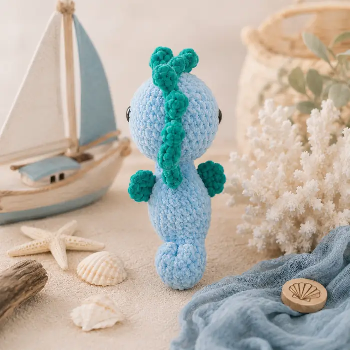 Doudou hippocampe au crochet artisanal – Vue arrière ambiance bord de mer Vue arrière d'un doudou hippocampe au crochet artisanal bleu et vert dans un décor marin avec voilier et coquillages