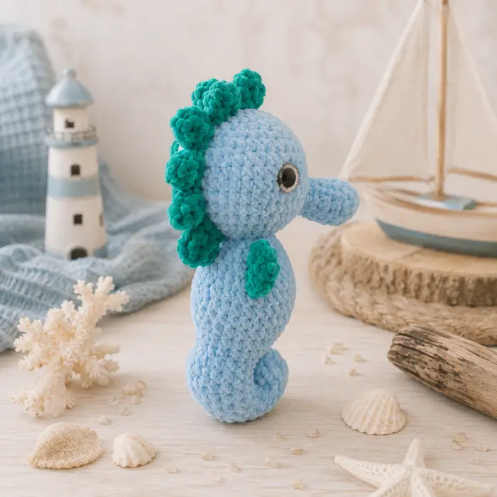 Doudou hippocampe au crochet artisanal – Vue de profil dans un univers marin Doudou hippocampe au crochet artisanal bleu et vert photographié de profil dans une ambiance bord de mer