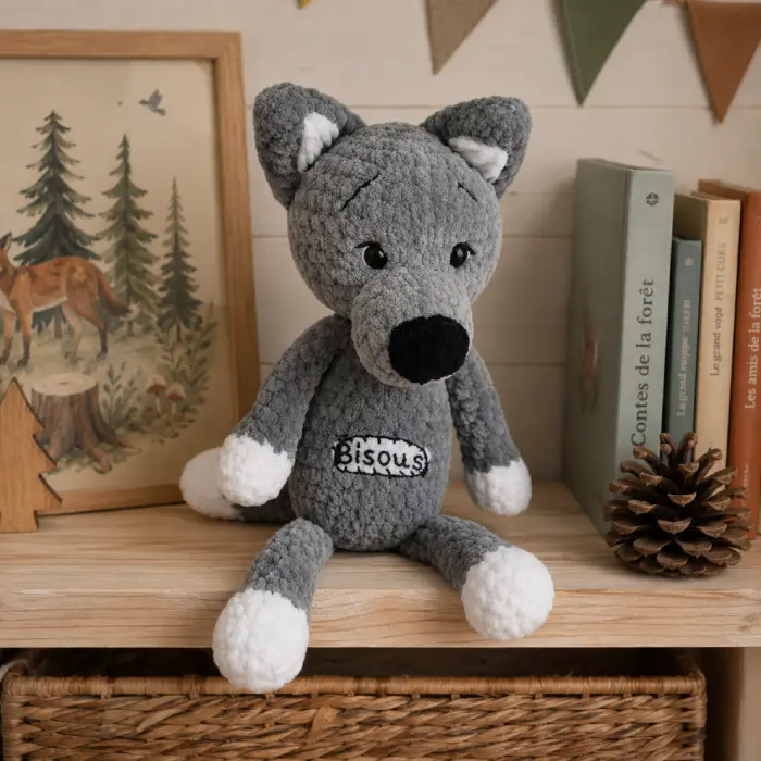 Doudou Loup au Crochet dans un Univers Forêt Doudou loup au crochet artisanal présenté sur une étagère dans une chambre d'enfant thème forêt