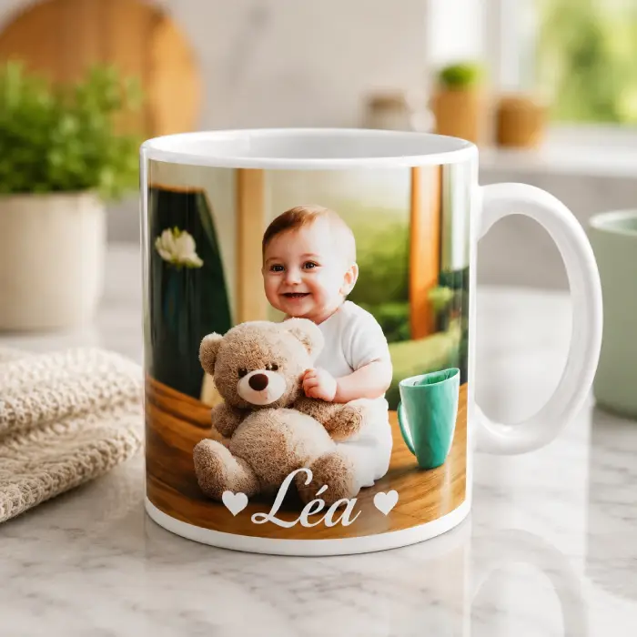 Mug personnalisé avec photo de bébé et prénom Mug personnalisé avec photo de bébé, prénom imprimé et peluche, dans une ambiance douce et chaleureuse.