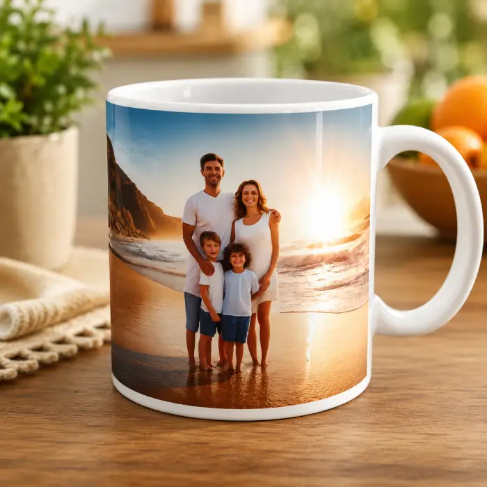 Mug personnalisé avec photo de famille – Souvenir unique Mug personnalisé avec photo de famille imprimée, présenté dans une ambiance chaleureuse et lumineuse.
