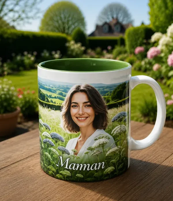 Mug personnalisé avec photo imprimée représentant une maman dans un jardin fleuri