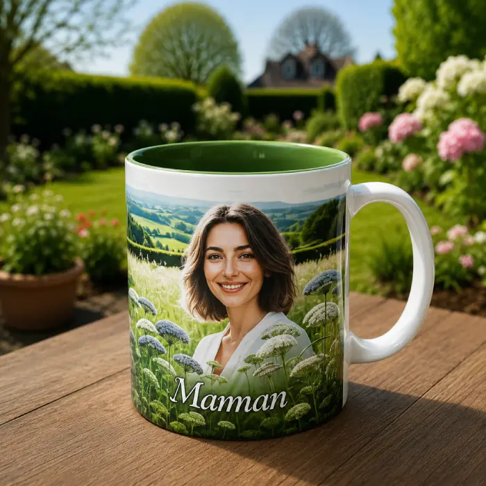 Mug personnalisé photo Maman – Exemple de création personnalisée Mug personnalisé avec photo imprimée représentant une maman dans un jardin fleuri