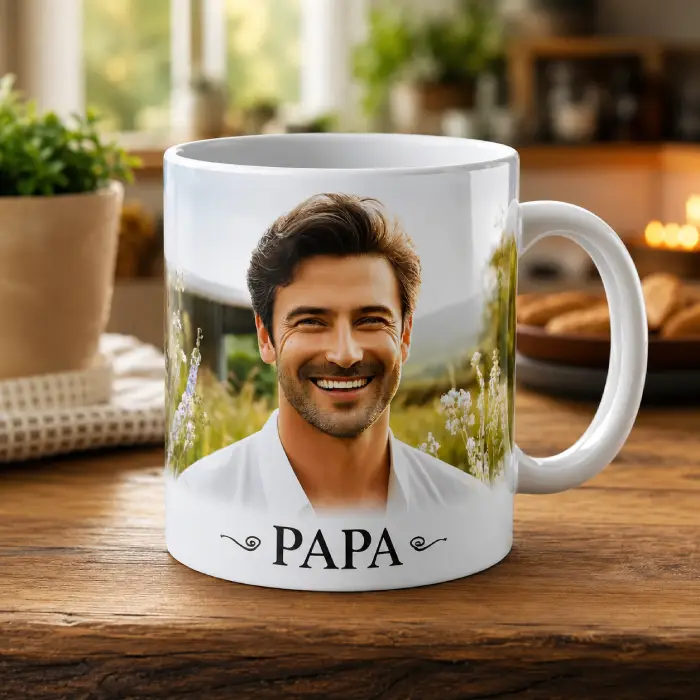 Mug personnalisé photo Papa – Idée cadeau unique Mug personnalisé avec photo et inscription Papa, présenté dans une ambiance chaleureuse et familiale.