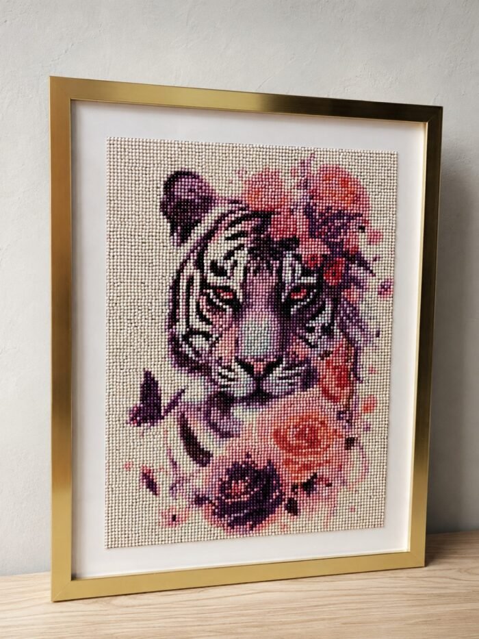 Painting diamant majestueux tigre blanc encadré – Tableau décoratif 30 x 40 cm