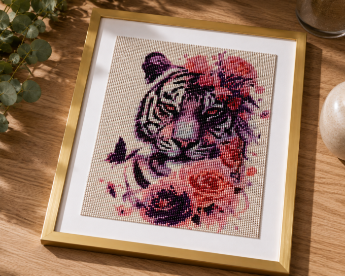 Painting diamant majestueux tigre blanc encadré – Tableau décoratif 30 x 40 cm