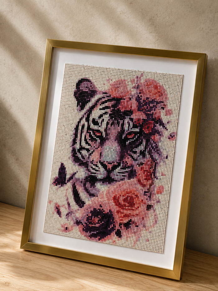Painting diamant majestueux tigre blanc encadré – Tableau décoratif 30 x 40 cm