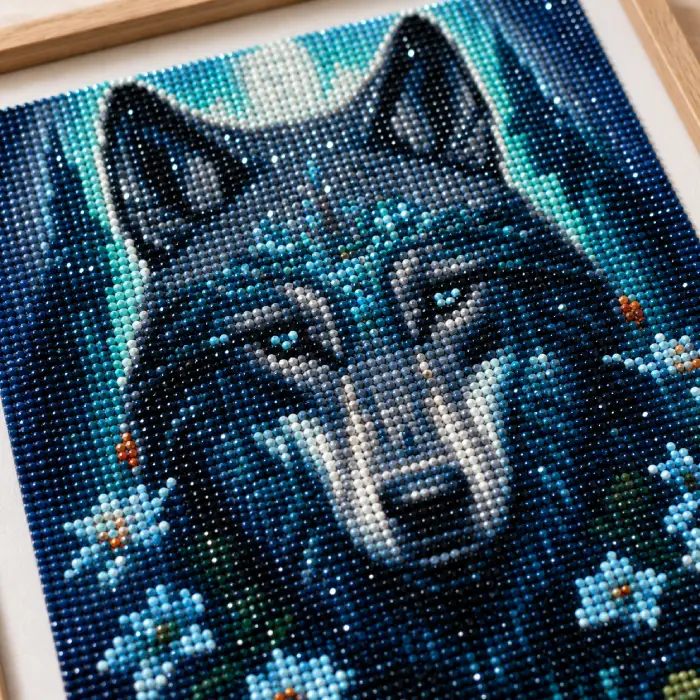 Gros plan sur les diamants scintillants du tableau painting diamant Loup encadré 30x40 cm