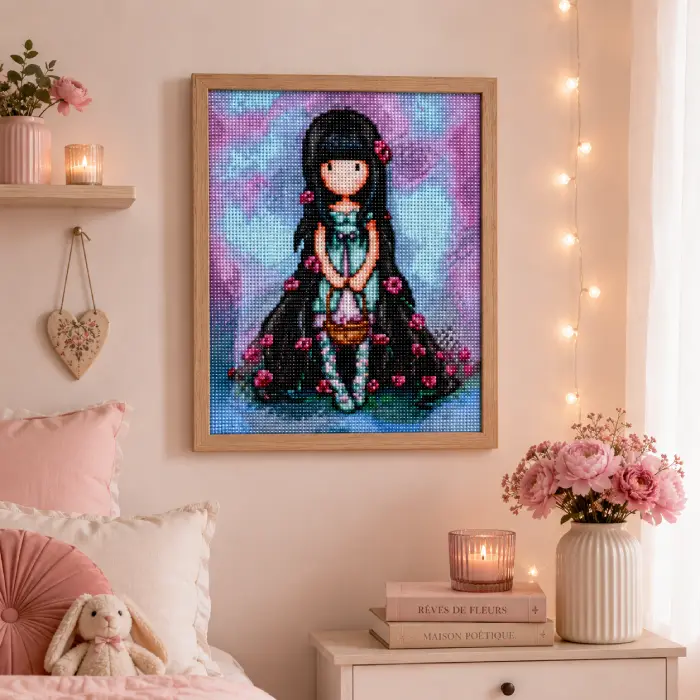 Tableau diamond painting Gorjuss encadré accroché au mur dans une chambre romantique