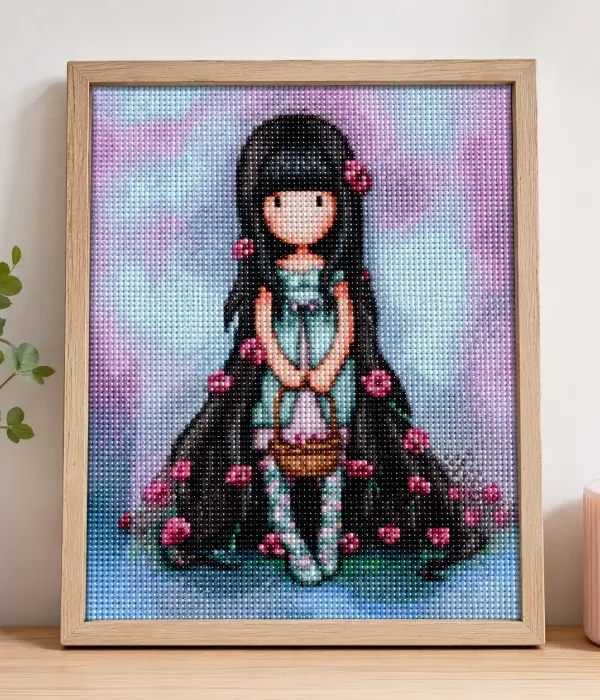 Painting diamant Gorjuss encadré 30 x 40 cm avec illustration de jeune fille aux tons pastel