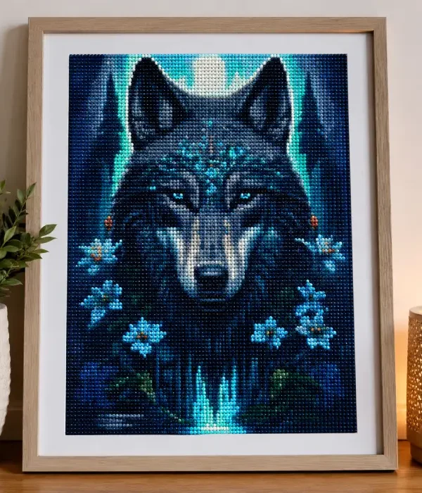Painting diamant Loup encadré 30 x 40 cm tableau décoratif scintillant avec cadre en bois prêt à accrocher