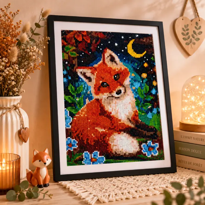 Painting diamant Renard encadré 30 x 40 cm présenté dans une décoration intérieure chaleureuse avec fleurs séchées, bougie et éclairage d'ambiance