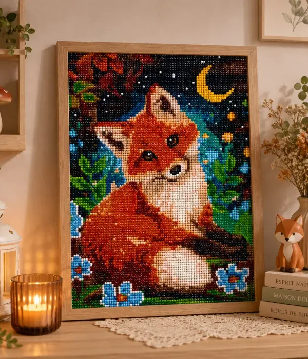 Painting diamant Renard encadré 30 x 40 cm présenté dans une décoration intérieure chaleureuse avec bougies et éléments naturels