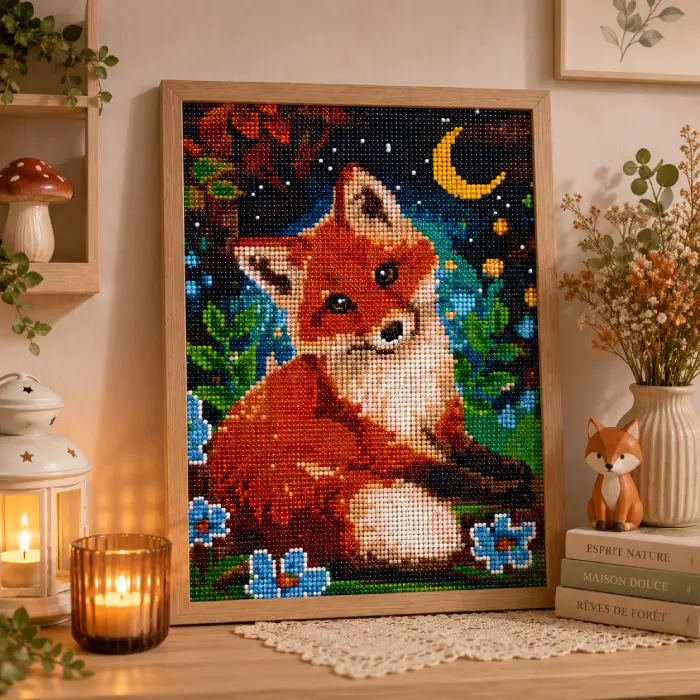 Painting diamant Renard encadré 30 x 40 cm présenté dans une décoration intérieure chaleureuse avec bougies et éléments naturels