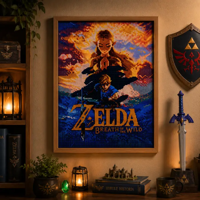 Painting diamant Zelda encadré 30 x 40 cm accroché au mur dans une décoration inspirée de l'univers fantasy