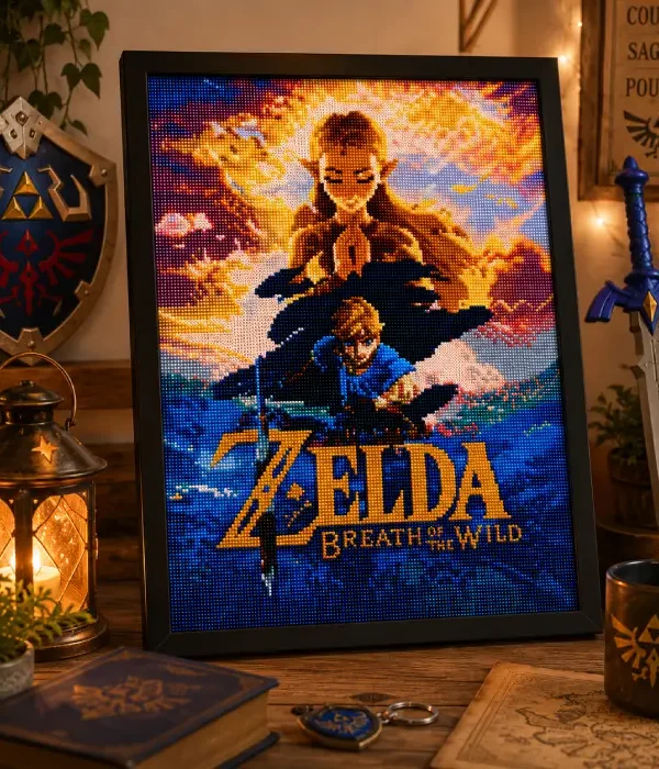 Painting diamant Zelda encadré présenté dans une décoration fantasy chaleureuse