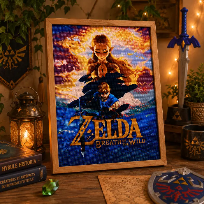 Painting diamant Zelda encadré présenté dans une décoration fantasy inspirée des univers d'aventure