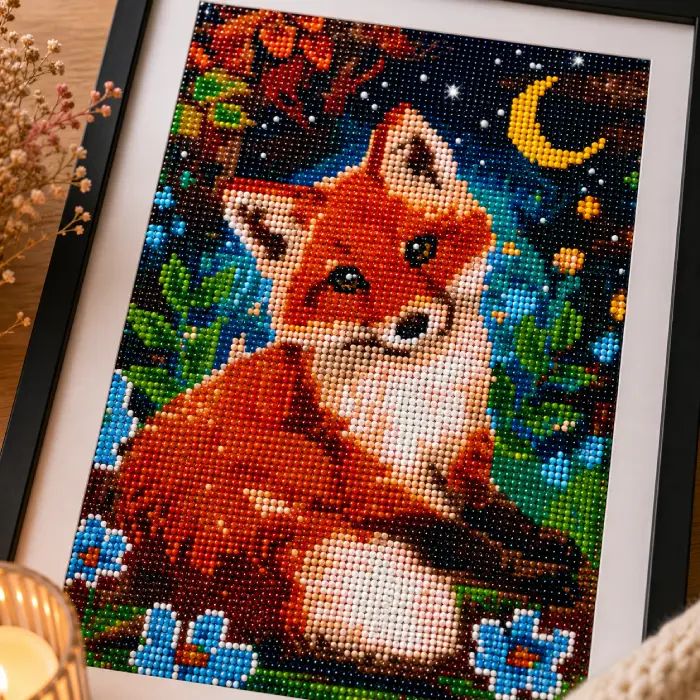Gros plan sur le painting diamant Renard encadré 30 x 40 cm mettant en valeur les détails et l'effet scintillant des diamants
