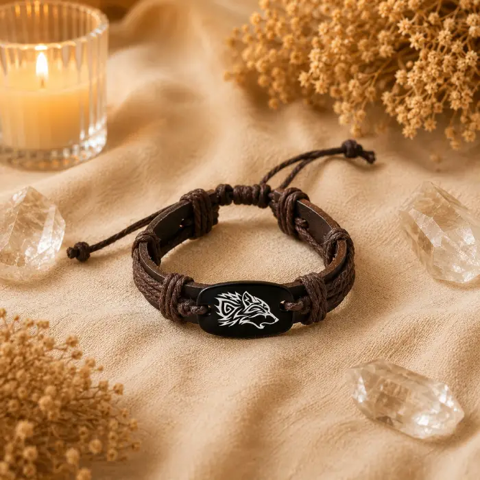 Bracelet loup ajustable en cuir inclus dans le coffret Oracle des Loups