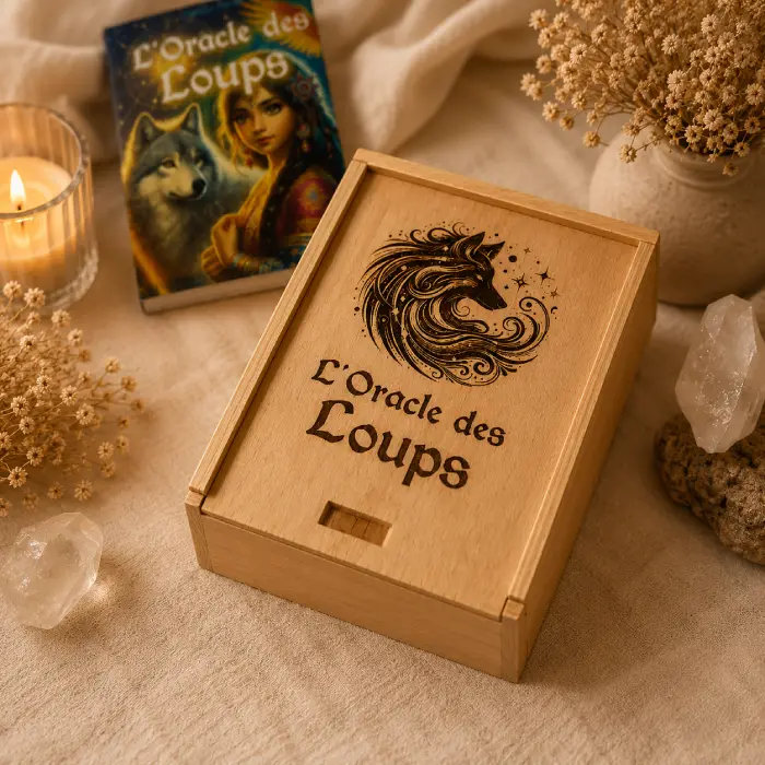 Coffret en bois gravé de l'Oracle des Loups présenté dans une ambiance spirituelle chaleureuse avec bougie, cristaux et fleurs séchées.