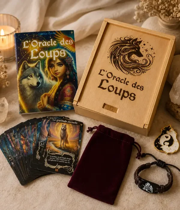 Oracle des Loups présenté en coffret complet avec cartes divinatoires, livret, pochette, bracelet et pin's dans une ambiance spirituelle chaleureuse.