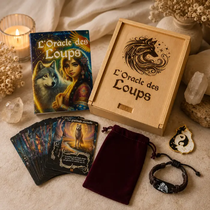 Oracle des Loups présenté en coffret complet avec cartes divinatoires, livret, pochette, bracelet et pin's dans une ambiance spirituelle chaleureuse.