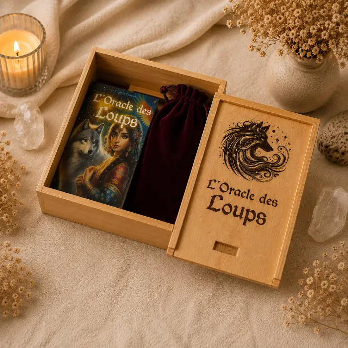 Oracle des Loups présenté dans son coffret en bois ouvert avec les cartes divinatoires et la pochette en velours rouge.