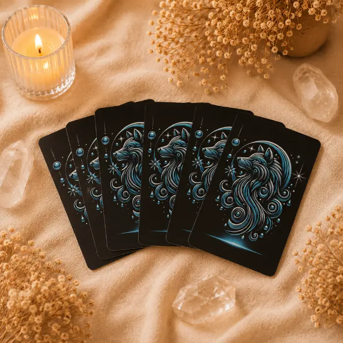 Dos des cartes de l'Oracle des Loups en aluminium avec motif loup bleu turquoise dans une ambiance spirituelle chaleureuse