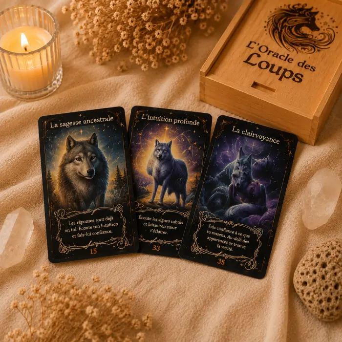 Exemples de cartes divinatoires de l'Oracle des Loups présentées dans une ambiance spirituelle chaleureuse