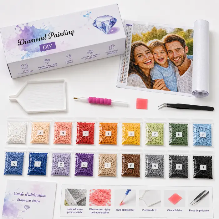 Kit complet de diamond painting personnalisé avec toile photo, diamants et accessoires