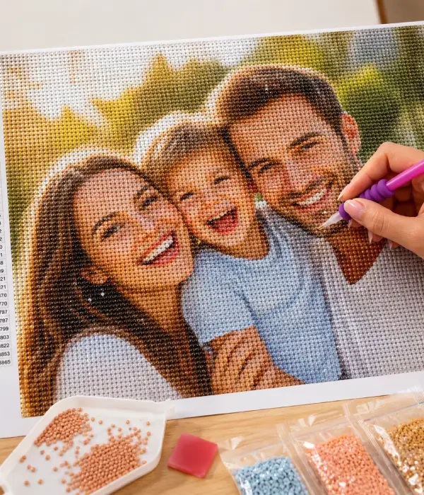 Painting diamant personnalisé avec photo de famille en cours de réalisation