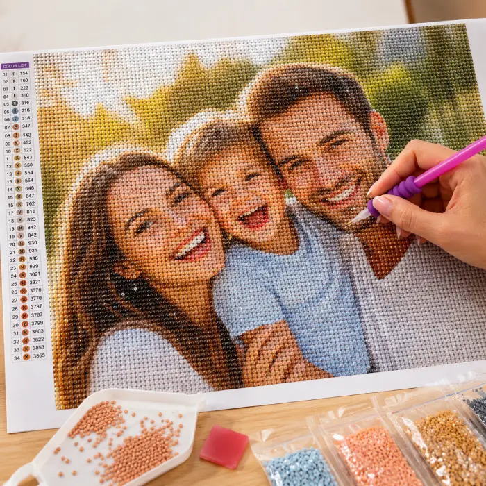 Painting diamant personnalisé avec photo de famille en cours de réalisation
