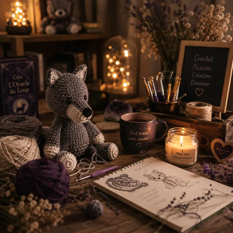Photo atelier magik-boutik.fr, peluche loup en préparation au crochet.