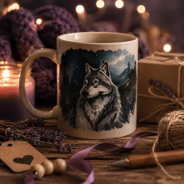Photo du loup sur un mug personnalisé pour représenter la catégorie Univers personnalisé du site magik-boutik.fr