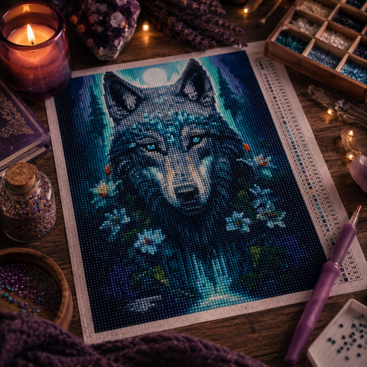 Photo du loup réalisé en painting diamant pour représenter la catégorie Univers créatif du site magik-boutik.fr