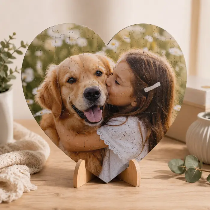 Puzzle coeur photo personnalisé avec photo d'une enfant et de son chien, présenté dans une ambiance douce et chaleureuse.