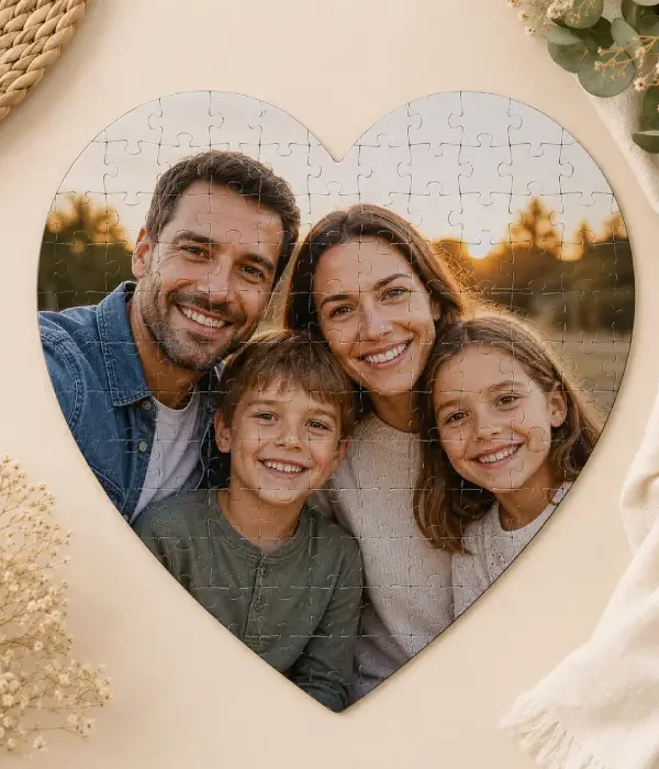 Puzzle cœur personnalisé avec photo d’une famille souriante, présenté dans une ambiance douce et chaleureuse.